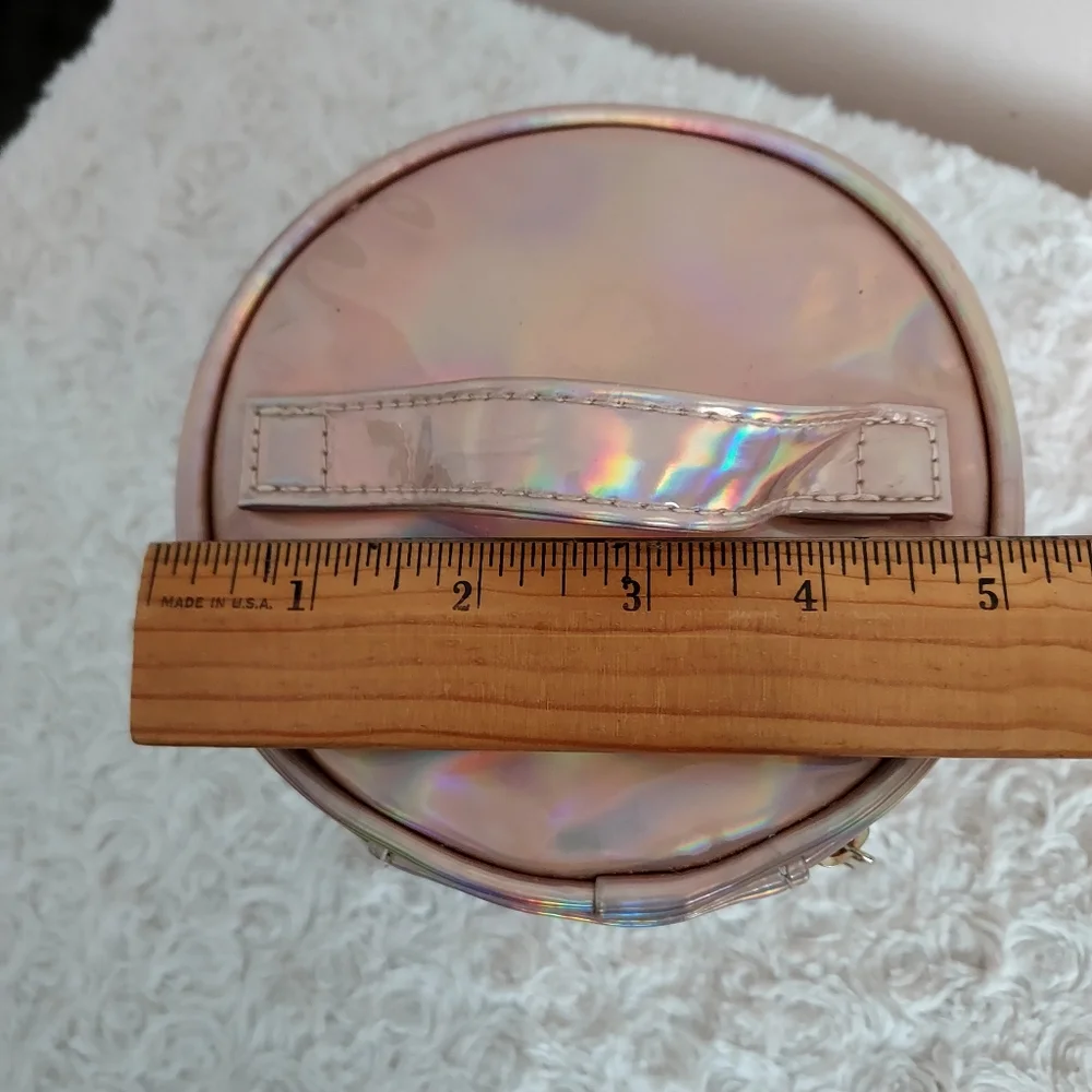 Small Round Retro Iridescent Pink makeup carrying case bag Travel Vacation